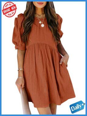 Cotton Babydoll Mini Dress Puff Sleeve Empire Waist Pockets